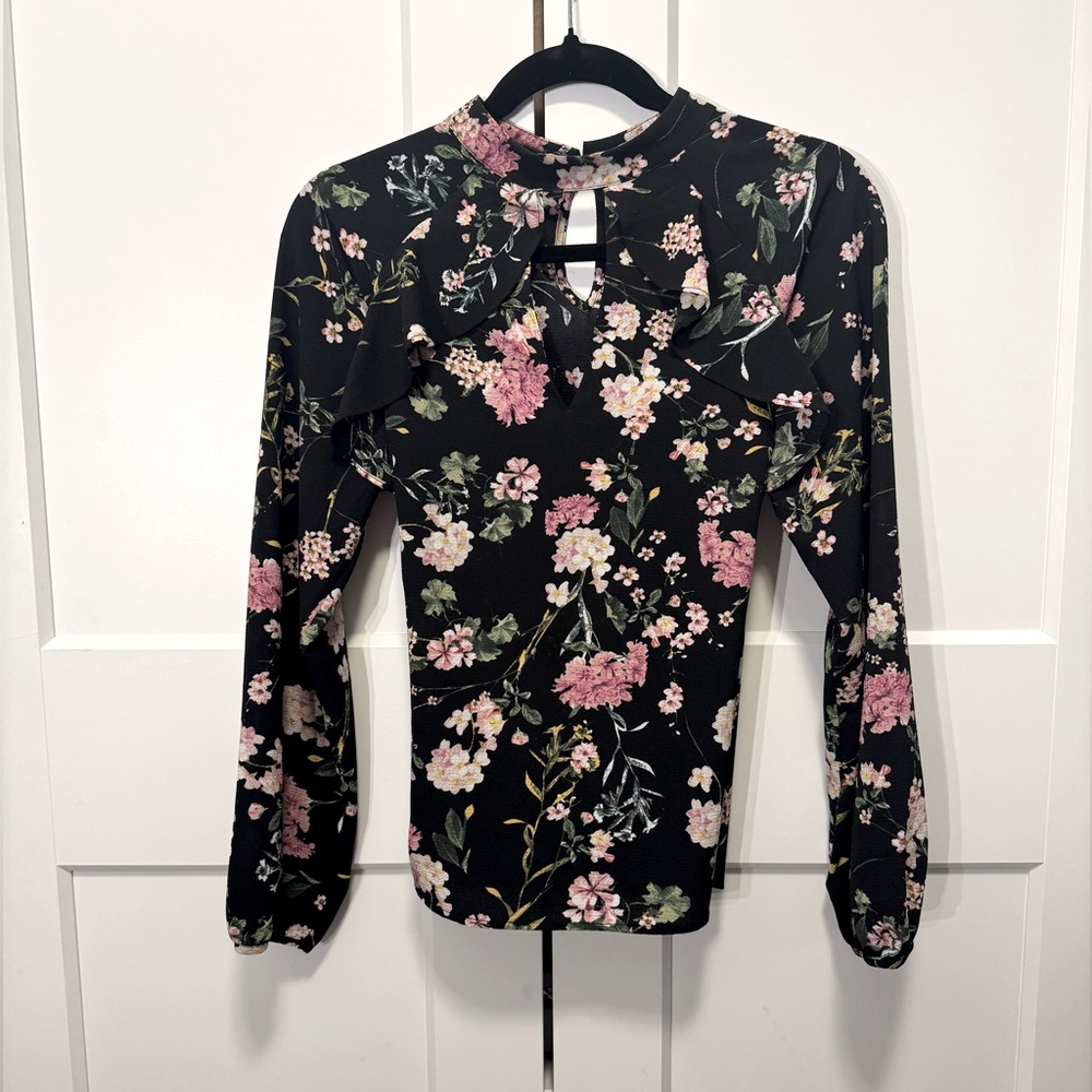 Black Floral Blouse, Long Sleeve, Keyhole Neck, Ruffle Detail, Feminine, Pretty